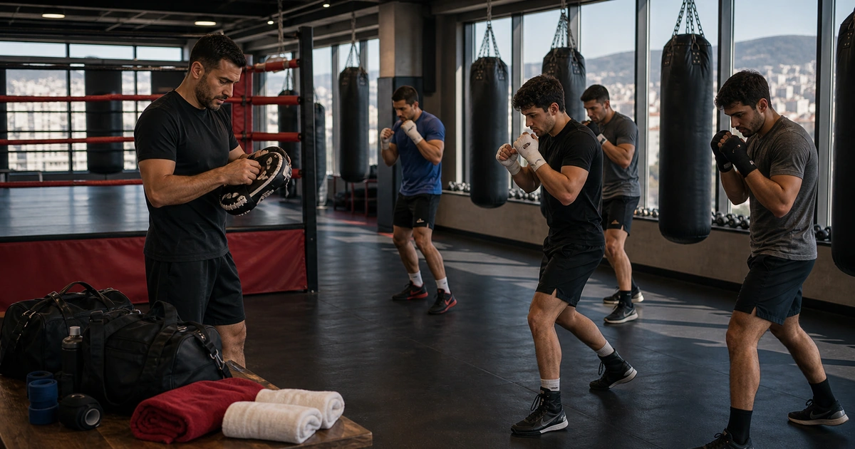 Cinematic boxing camp scene for A Typical Boxing Camp Daily Schedule: Training, Recovery, and Free Time in Tbilisi, Georgia